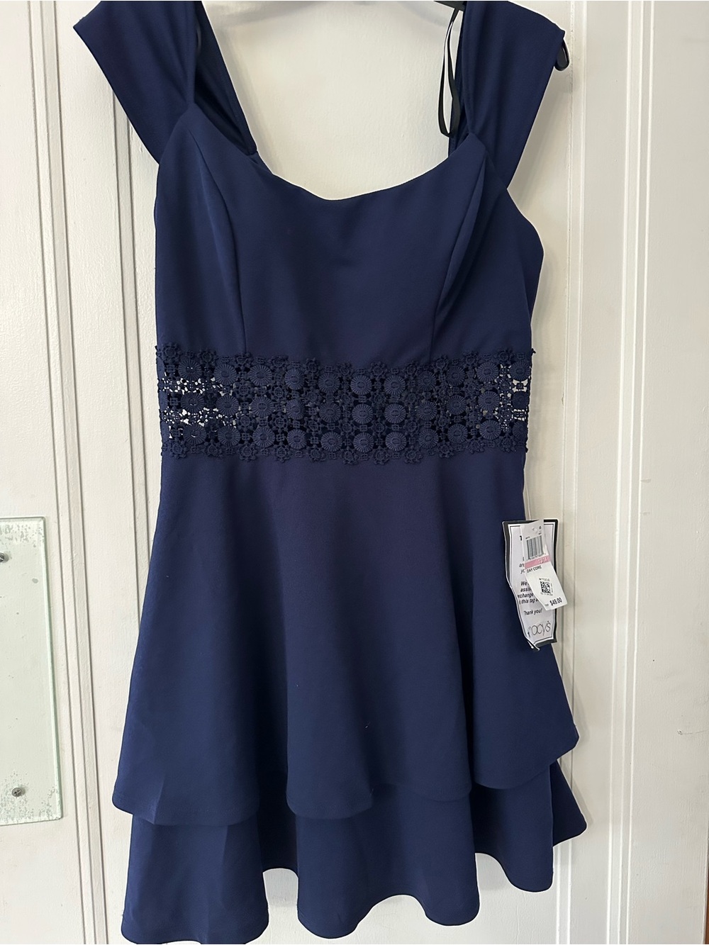 B Darlin Navy Floral-Trim Tiered Mini Dress